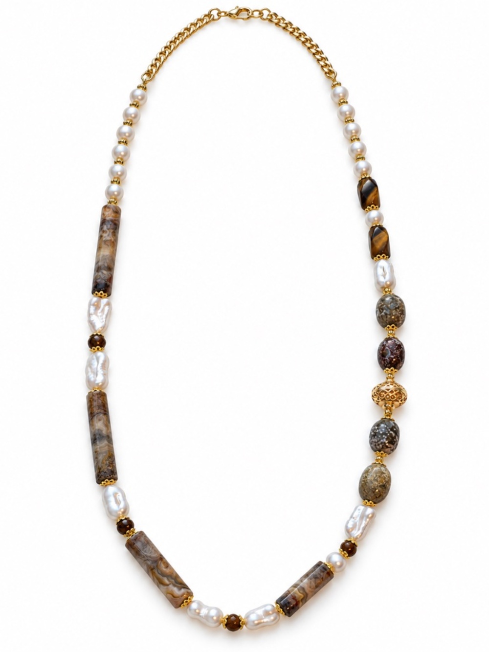 NWT 38" Freshwater Pearl & Crazy Lace Agate Statement Necklace